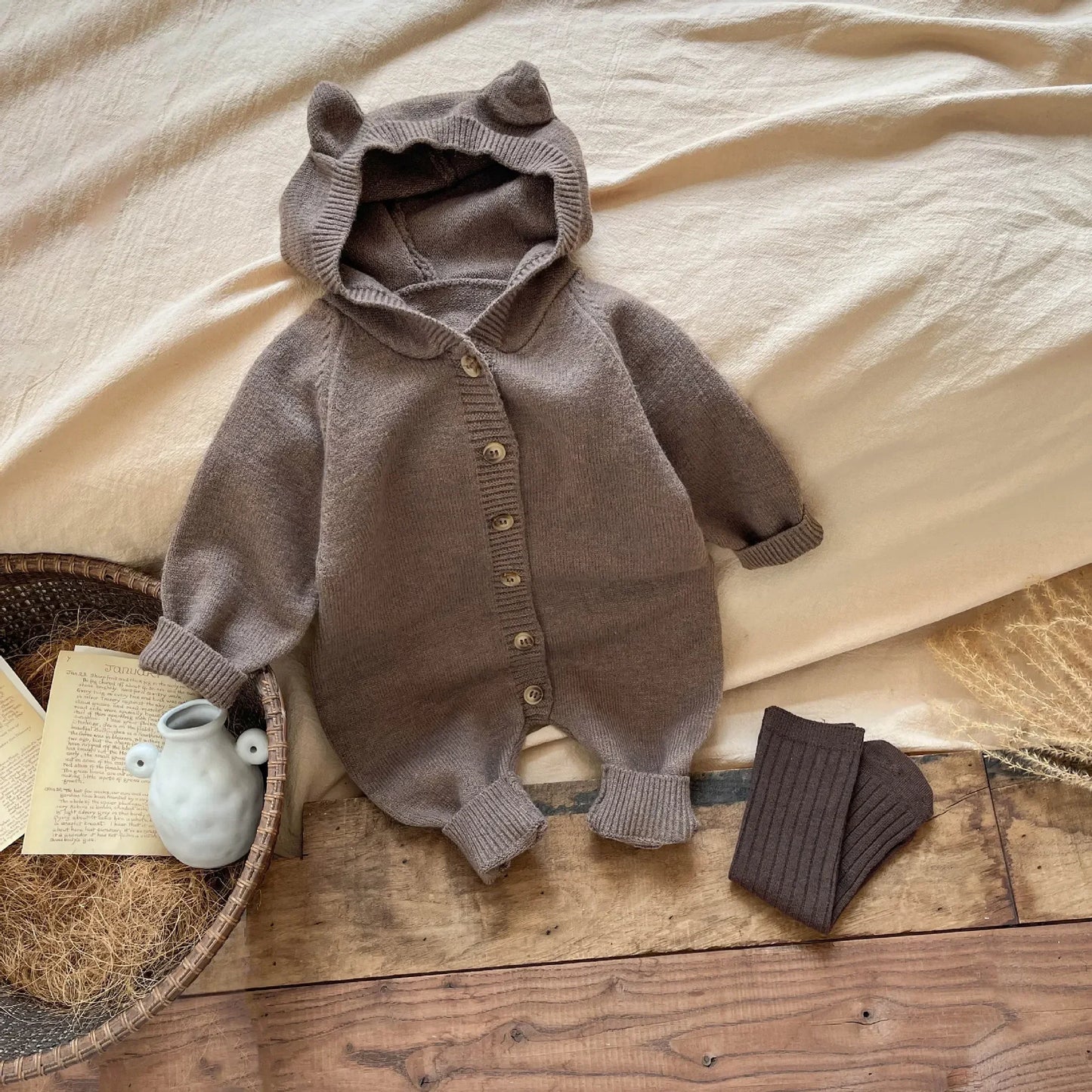 4621 Baby Clothes Spring Autumn Knitted Cartoon Boy's Jumpsuit Cute Rabbit Ear Girl's Climbing Clothes