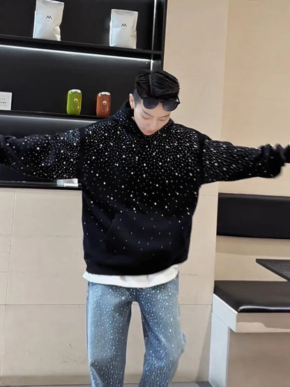 Heavy Duty Street Style Hoodie with Shoulder Pads for Men And Women Spring Autumn Design High End Couple Jacket Glitter Rhine...