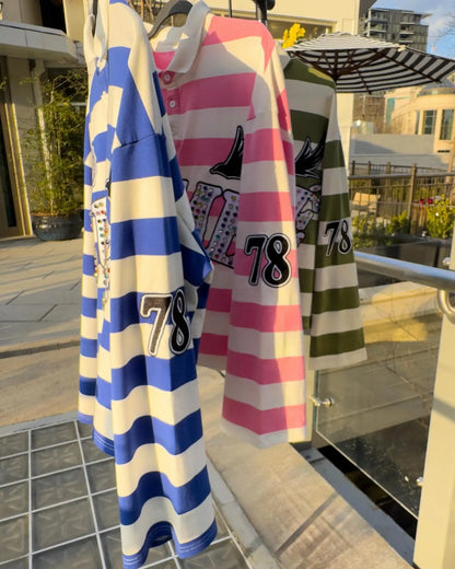 Sume Gothic Klein Stone Embroidery Loose Long Sleeved T Shirt Y2k Harajuku Hip Hop Men Women Stripe Polo Shirt Lapel Neck Shirt