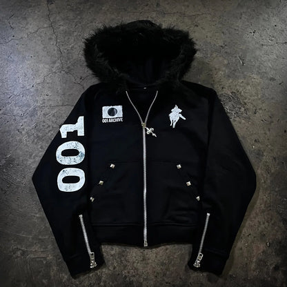 American Retro Rock Gothic Graphic Fur Collar Loose Zipper Sweatshirt Men's Y2K New Harajuku Punk Casual Joker Hoodie Streetwear