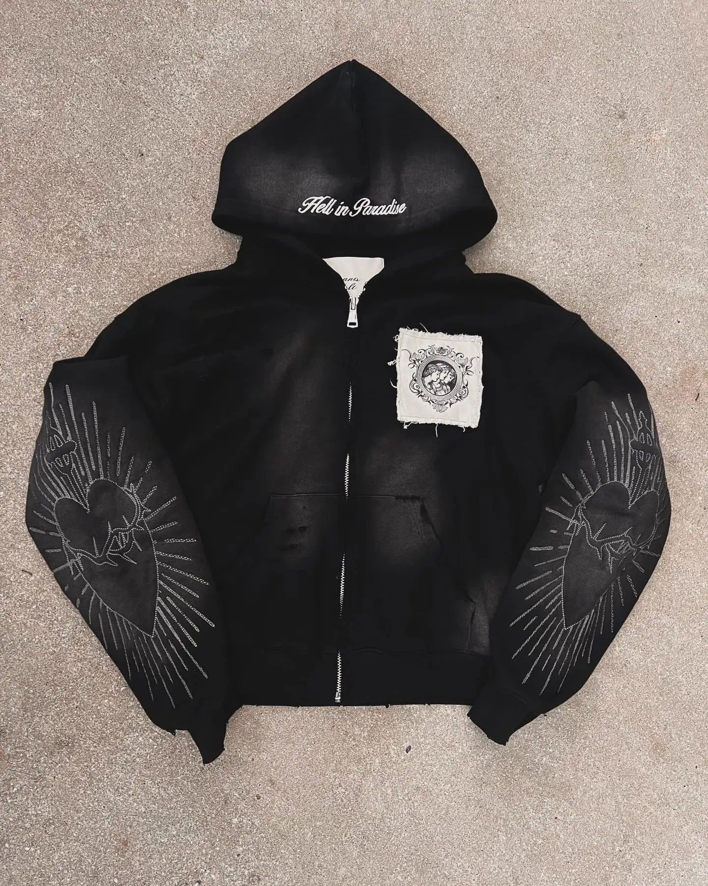 Hell in Paradise Street Retro Gothic Style Zip Up Hoodie Y2k Alphabet Embroidery Patchwork Hoodies Loose Sweatshirt Men Clothing