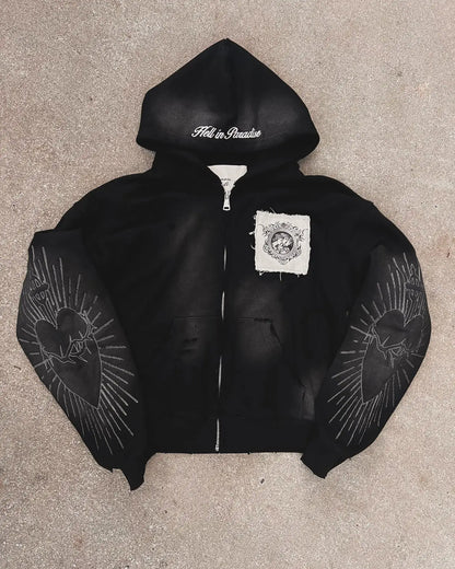 Hell in Paradise Street Retro Gothic Style Zip Up Hoodie Y2k Alphabet Embroidery Patchwork Hoodies Loose Sweatshirt Men Clothing