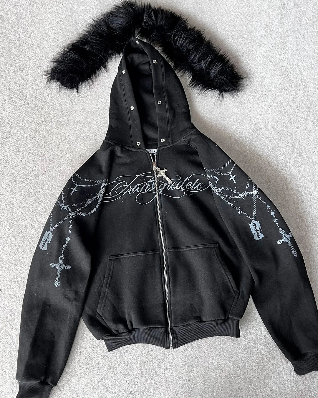 American Retro Rock Gothic Graphic Fur Collar Loose Zipper Sweatshirt Men's Y2K New Harajuku Punk Casual Joker Hoodie Streetwear