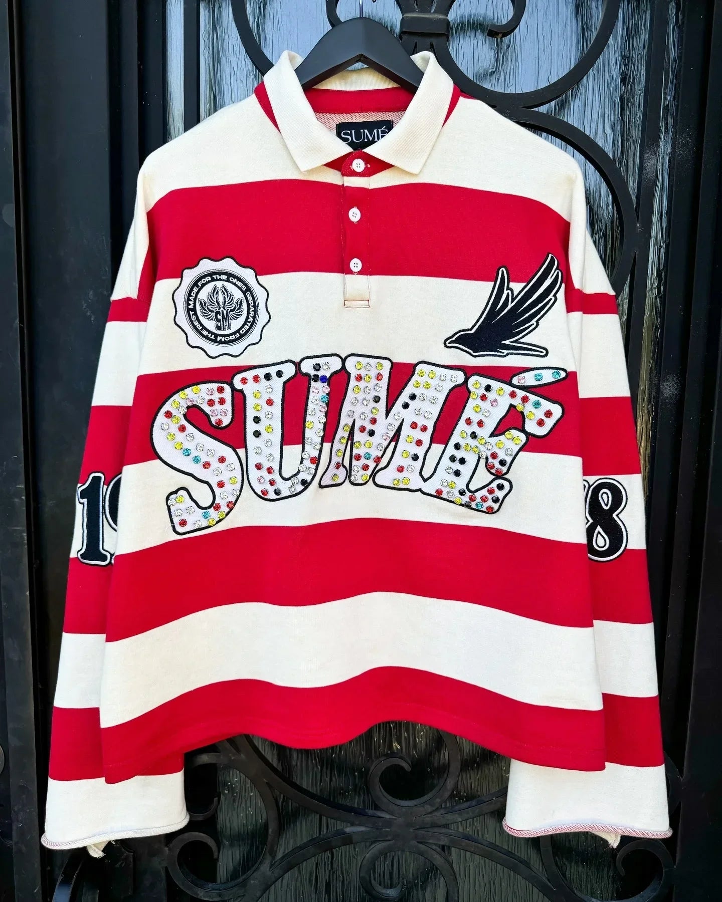 Sume Gothic Klein Stone Embroidery Loose Long Sleeved T Shirt Y2k Harajuku Hip Hop Men Women Stripe Polo Shirt Lapel Neck Shirt