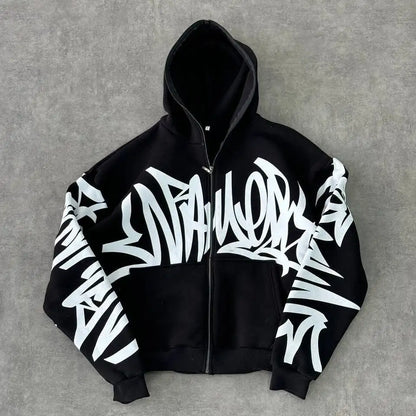 Trend High Street Letters Graffiti Printed Zipper Hoodie Retro Y2K Men Gothic Hip Hop Punk Casual Oversized Sweatshirt Harajuku