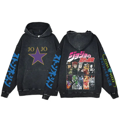 Anime Jojo Bizarre Adventure Print Hoodie Men Vintage Pullover Winter Hip Hop Washed Hooded Sweatshirt Streetwear Oversized Tops
