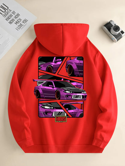 Men's new fashion hoodie, casual daily drawstring hooded sweatshirt car print, front kangaroo pocket, jacket