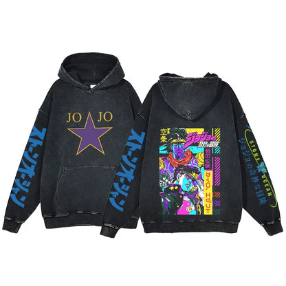 Anime Jojo Bizarre Adventure Print Hoodie Men Vintage Pullover Winter Hip Hop Washed Hooded Sweatshirt Streetwear Oversized Tops
