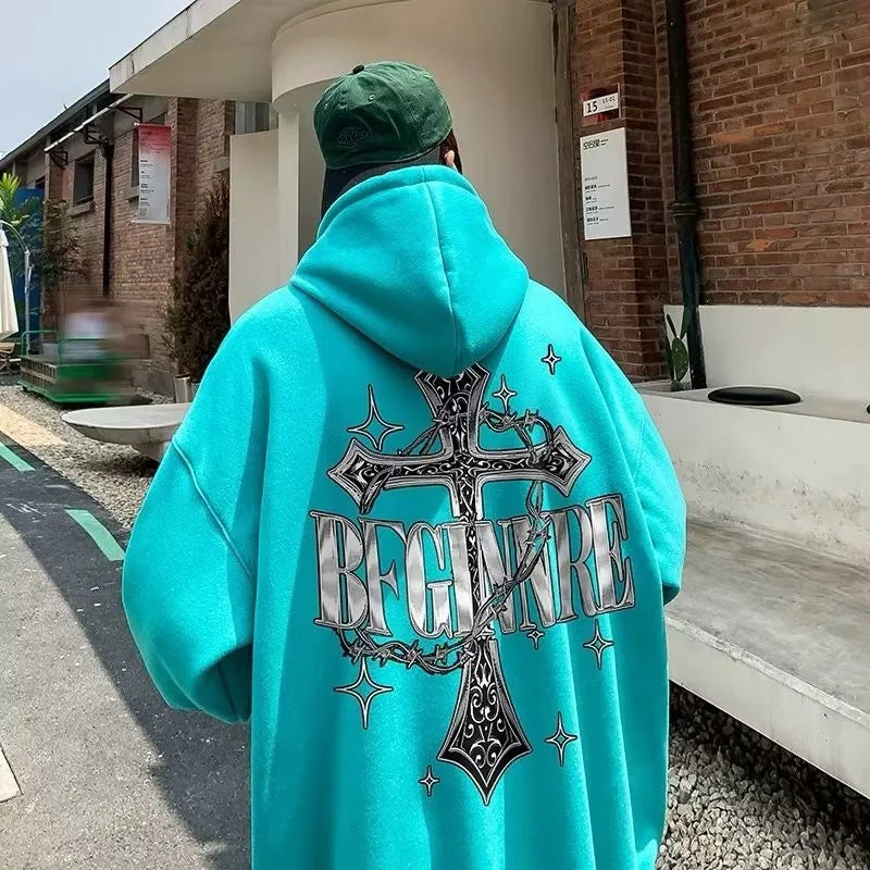 M-8XL Hoodie Men's Large Hoodie American Retro Loose Fashion High Street Cross Chain Printed Long Sleeve Double Shirt