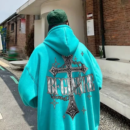 M-8XL Hoodie Men's Large Hoodie American Retro Loose Fashion High Street Cross Chain Printed Long Sleeve Double Shirt