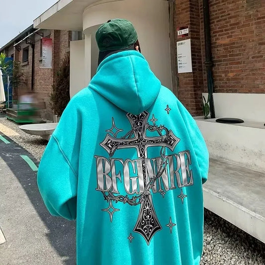 M-8XL Hoodie Men's Large Hoodie American Retro Loose Fashion High Street Cross Chain Printed Long Sleeve Double Shirt