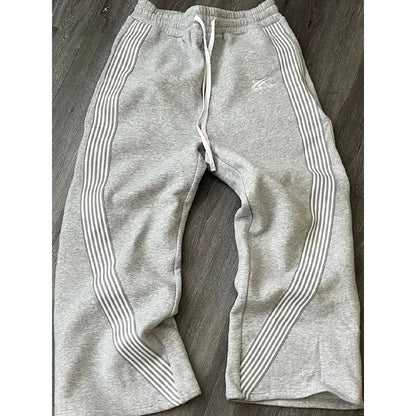 Men's Casual Striped Loose Wide Leg Pants Drawstring Straight Leg Sport Trousers Autumn Winter Fashion City Youth Polyester